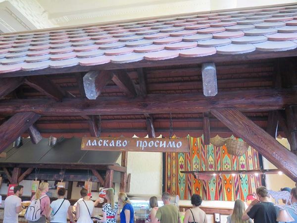 A ine in front of the buffet of a Ukrainian home food restaurant